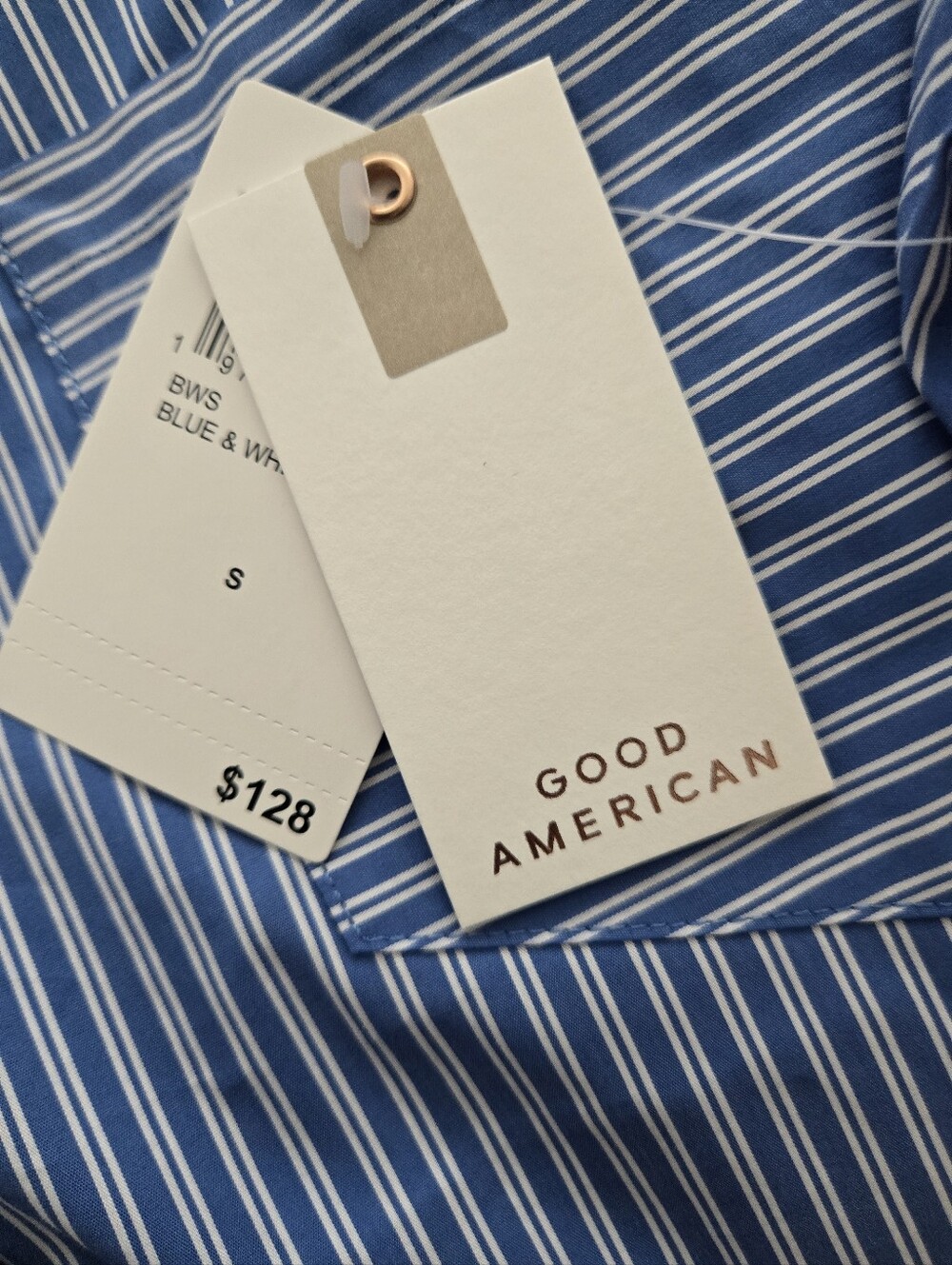 Good American Blue and White Striped Women's Button-Up Blouse - Picture 6 of 6